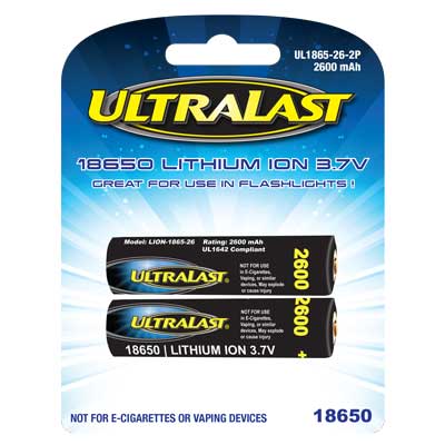 Ultra Last 3.7V 18650 Lithium Ion Rechargeable Battery - 2 Pack